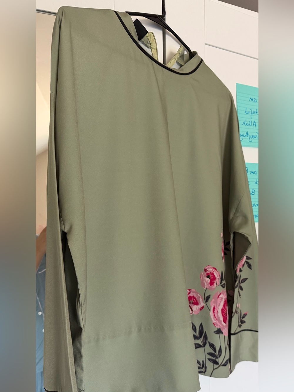 Olive Green Floral-Trim Women's Blouse and pants (coord set)
